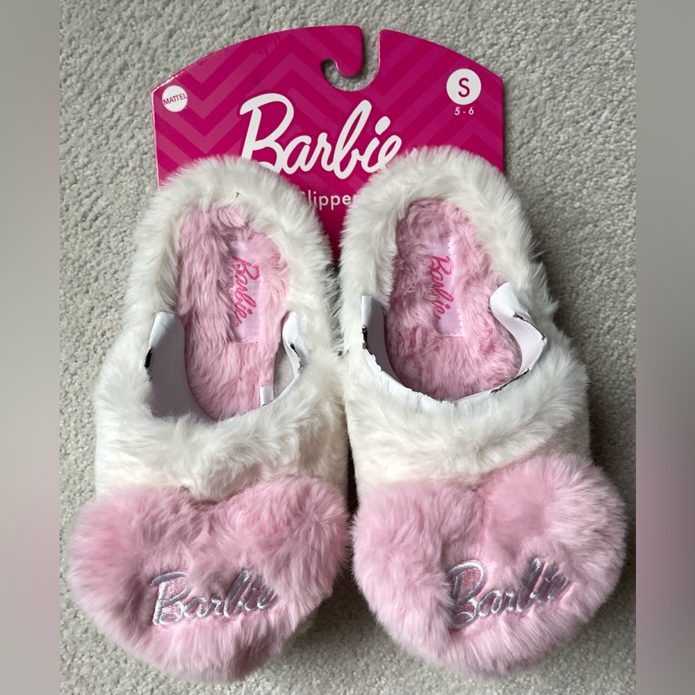 Barbie Pink and White Slippers Size 5-6
